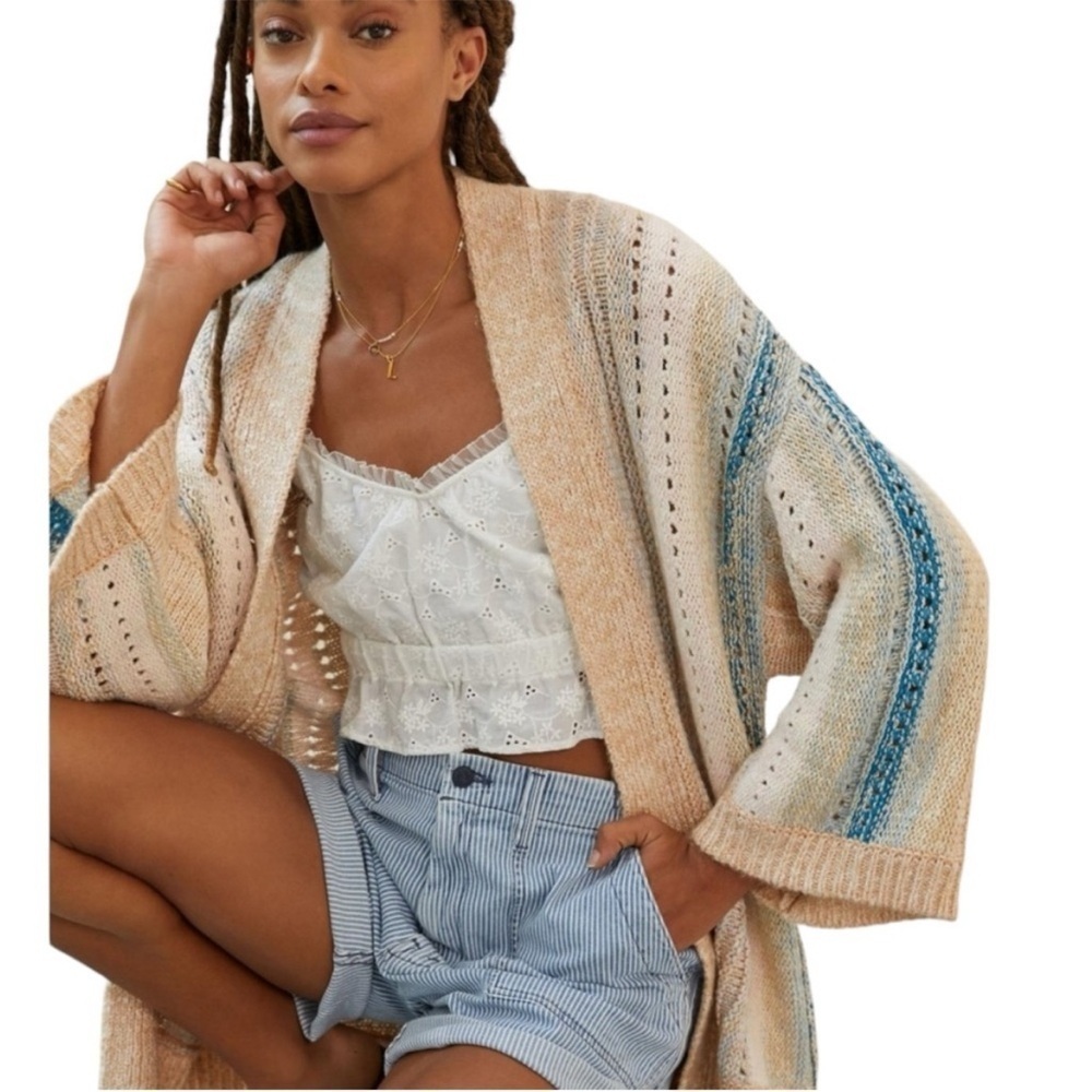 Anthropologie Elena Knit Striped Open Front Cardigan Sweater One Size